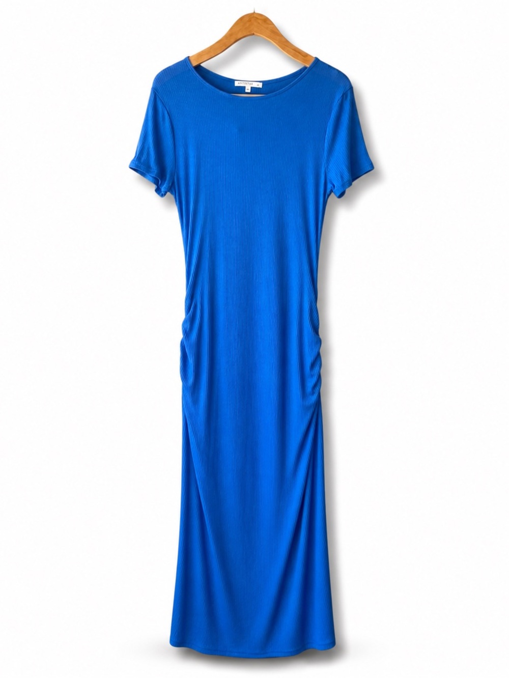 ANTISTAR Ribbed Blue Maxi Dress Ruched Bodycon Stretch Midi